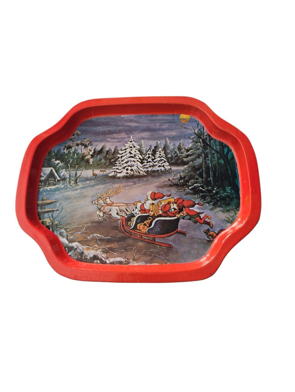 Vintage Christmas Metal Serving Tray Santa Sleigh Reindeer Snowy  8" Hong Kong